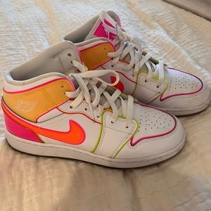 womens neon air jordan 1 mid, super colorful, worn before, size: womens 6.5